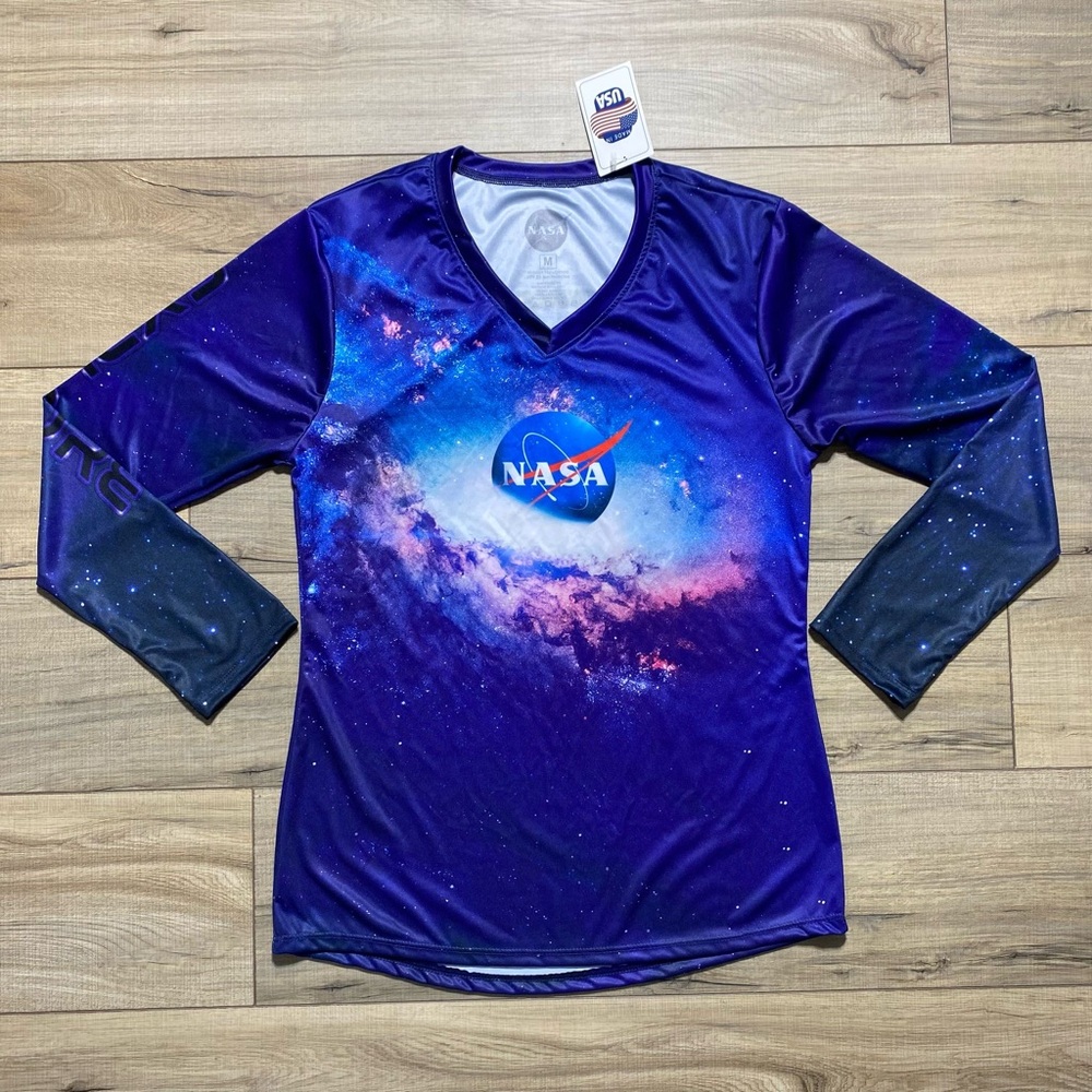 NASA‎ Womens Performance Long Sleeve Shirt Cosmic Front Worm Logo Back Size M